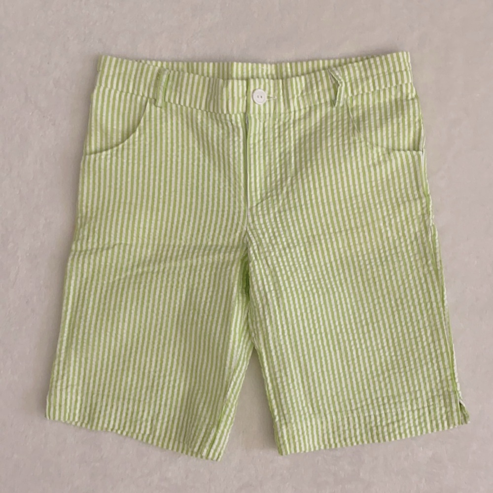{VTG} RagsLand | Seersucker Stripe Shorts Side Slits 100% Cotton Green/White (7)